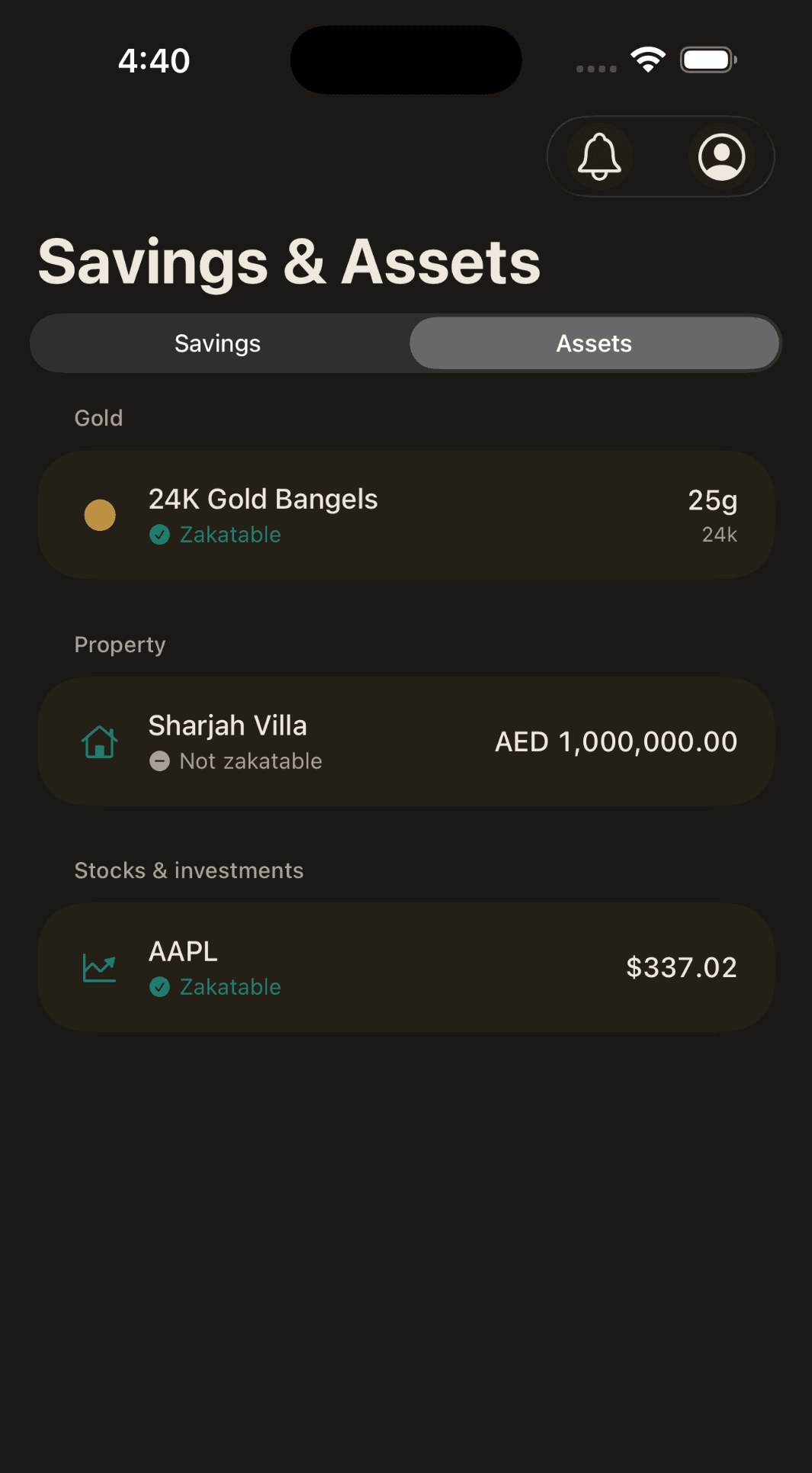 The Assets tab: 24-karat gold bangles marked zakatable, a villa marked not zakatable, and a stock holding marked zakatable.