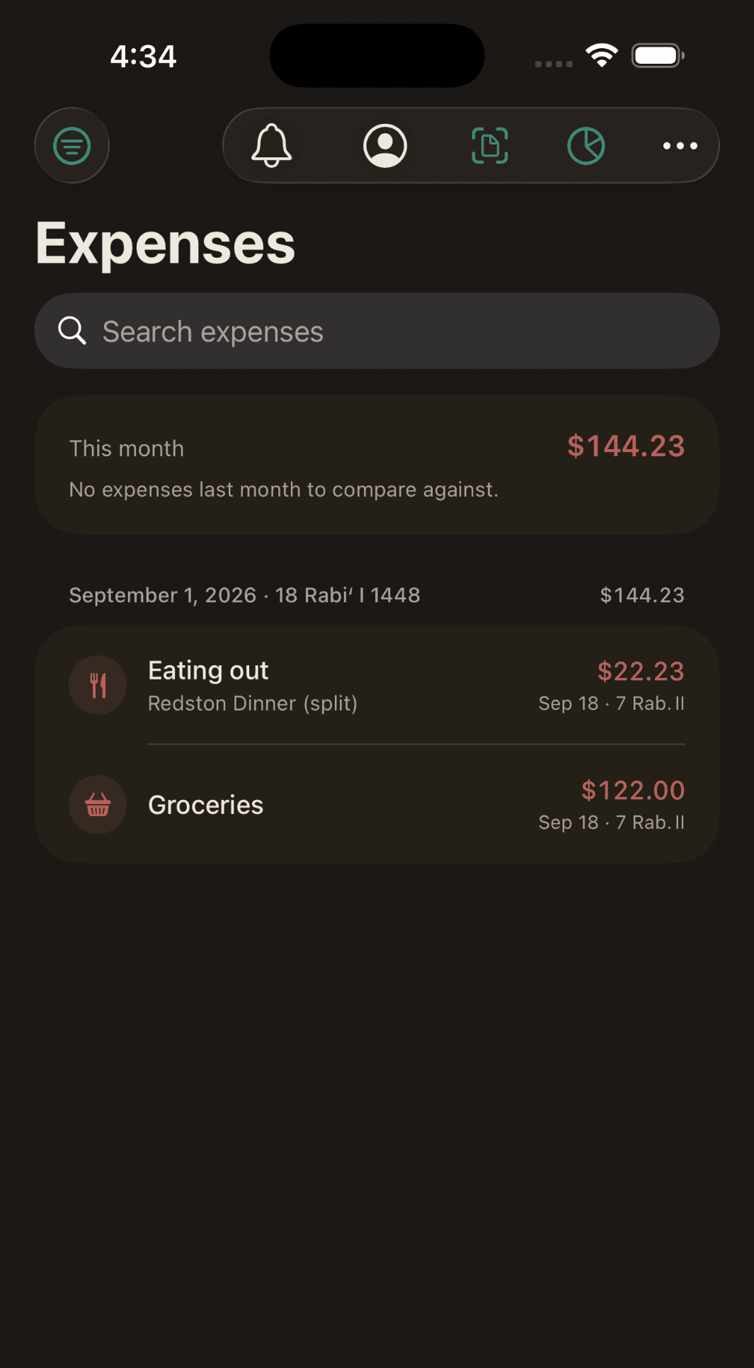 The Expenses screen: this month's spending in clay rather than red, with an eating-out and a groceries entry, each dated in both calendars.