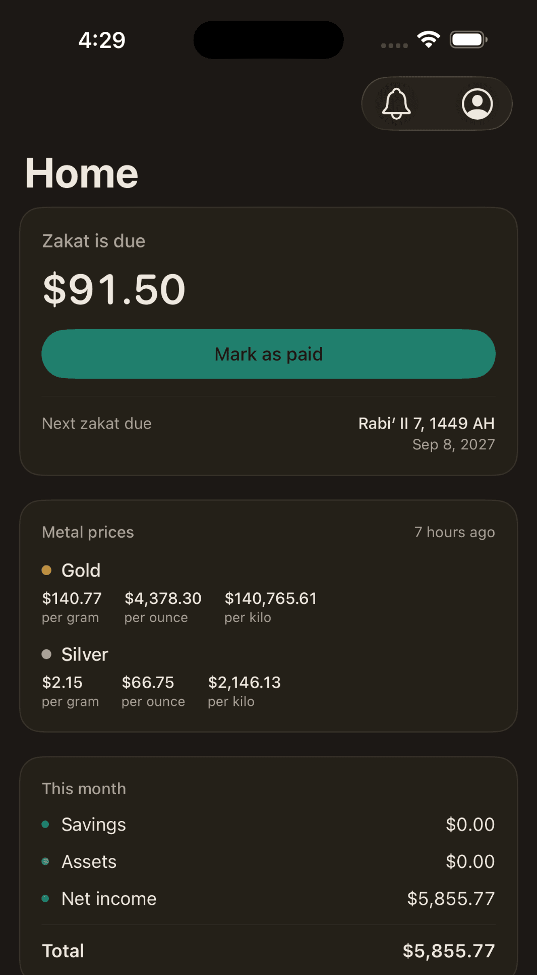 The Home screen: $91.50 of zakat due with a Mark as paid button, the next due date in both the Hijri and Gregorian calendars, live gold and silver prices, and this month's totals.